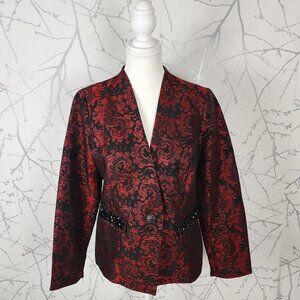 Chico's Red Black Floral Brocade Jewel Pocket Blazer